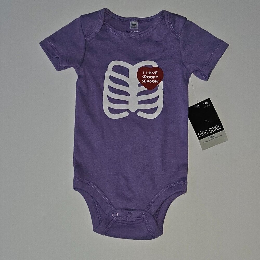 NWT Okie Dokie Purple Halloween Bodysuit Baby 3 Months Spooky Skeleton Costume
